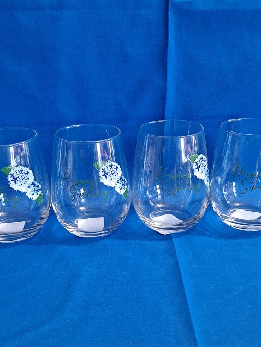 St 4 Royal Norfolk BLUE HYDRANGEA Stemless Wine Glasses "Happy Spring" Butterfly